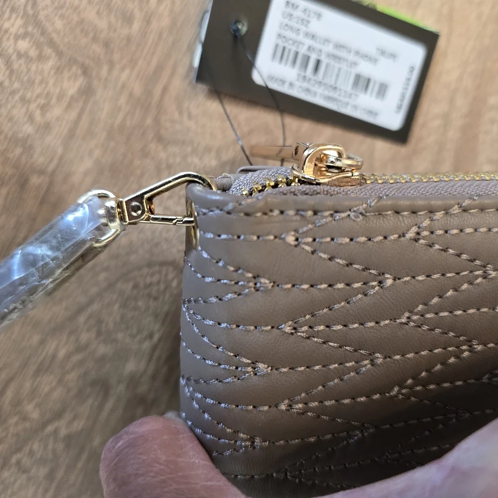 Badgley Mischka Wallet Long with Phone Pocket Wristlet Taupe 8" x4" - Picture 11 of 14